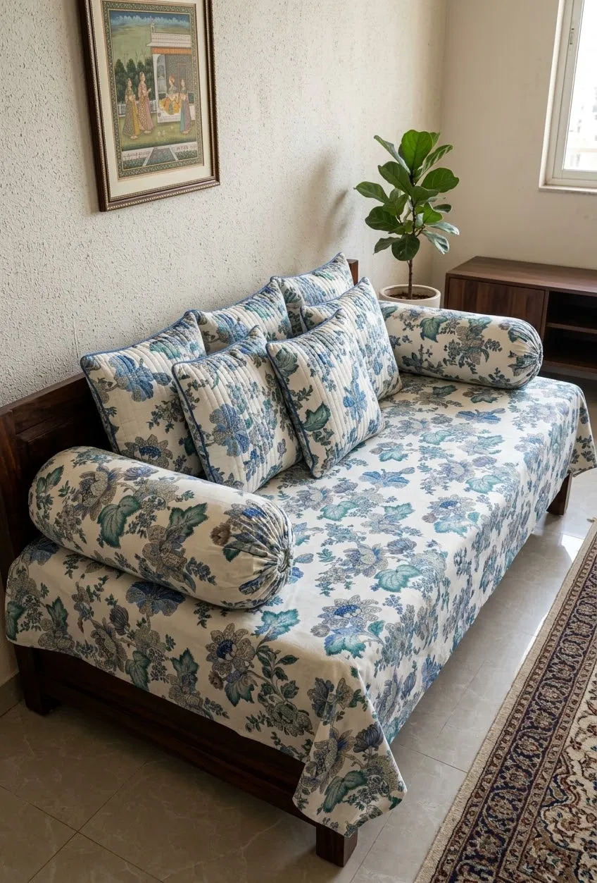 Hand block printed cotton 5 seater diwan Set-8pc