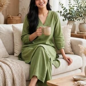 Femezone women's linen blend cotton V-neck Cord set
