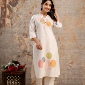 Femezone Cotton Kurti Pant Set, Geometric Circle Embroidered, 3/4 Sleeve, Mandarin Collar