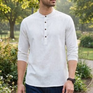 Femezone men's linen blend cotton slub short kurta