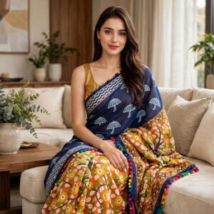 Cotton Ethnic bagru print saree with Blouse-dabu