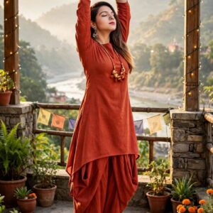Femezone women's Linen blend cotton dhoti kurta set - Brick red, M