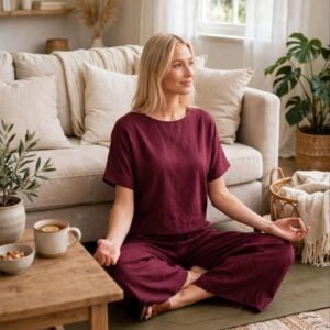 Femezone women's linen blend cotton round neck Co-ord set