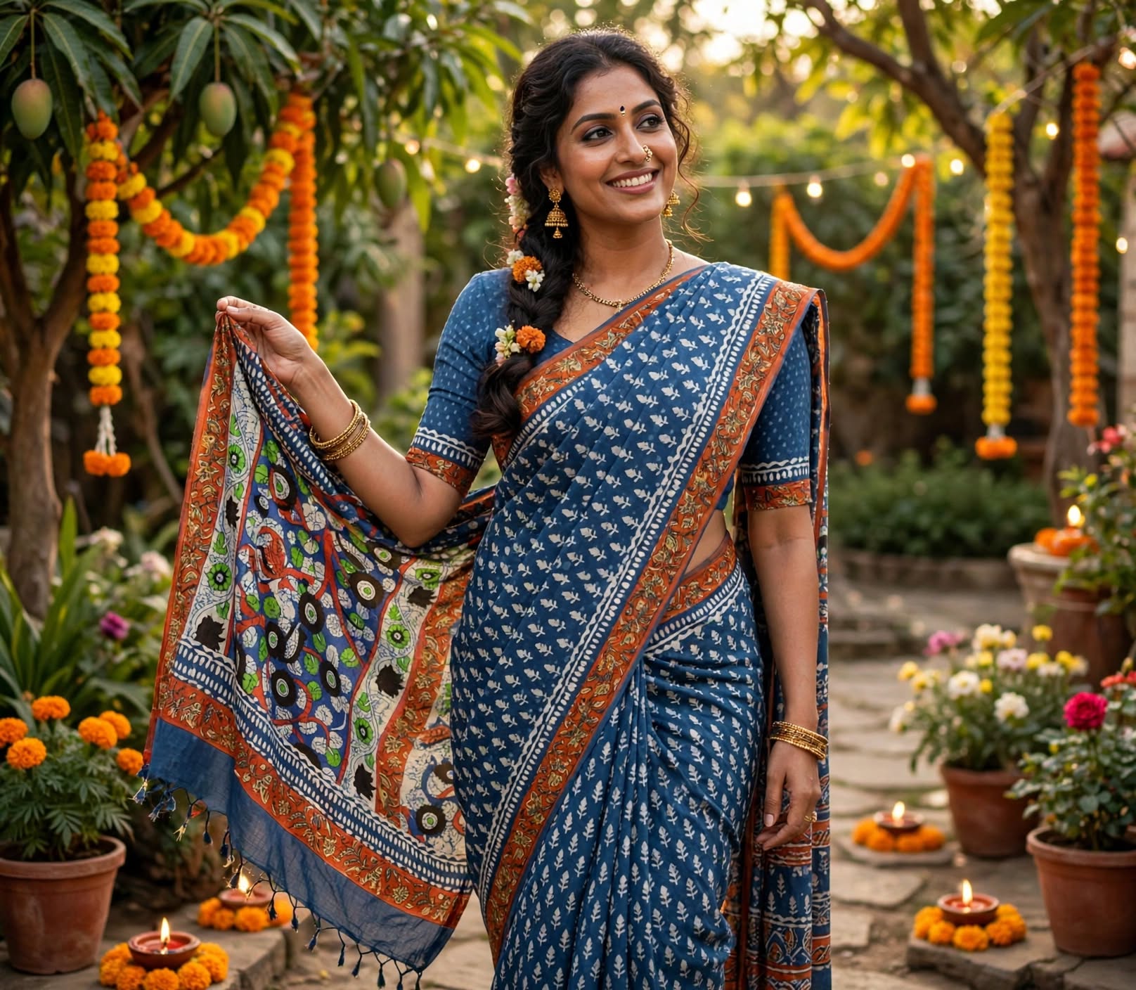 Cotton Ethnic bagru print saree with Blouse-kalamakari pallu - Image 4