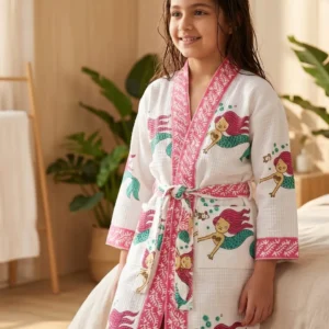 Hand block printed waffle cotton Bathrobes for kids