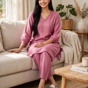 Jacquard rayon V neck Co-ord set with 3/4 gathered sleeves | side pockets |