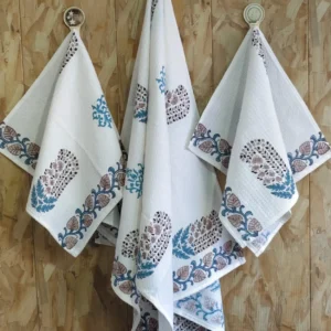 Waffle Bath Towel with 2 Napkins, Floral Block Print, 3 Pc Set