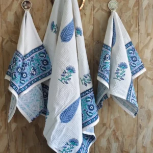 Waffle Bath Towel with 2 Napkins, Floral Block Print, 3 Pc Set