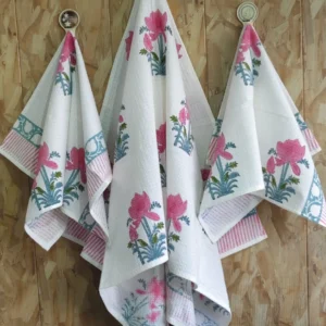 Waffle Bath Towel with 2 Napkins, Floral Block Print, 3 Pc Set