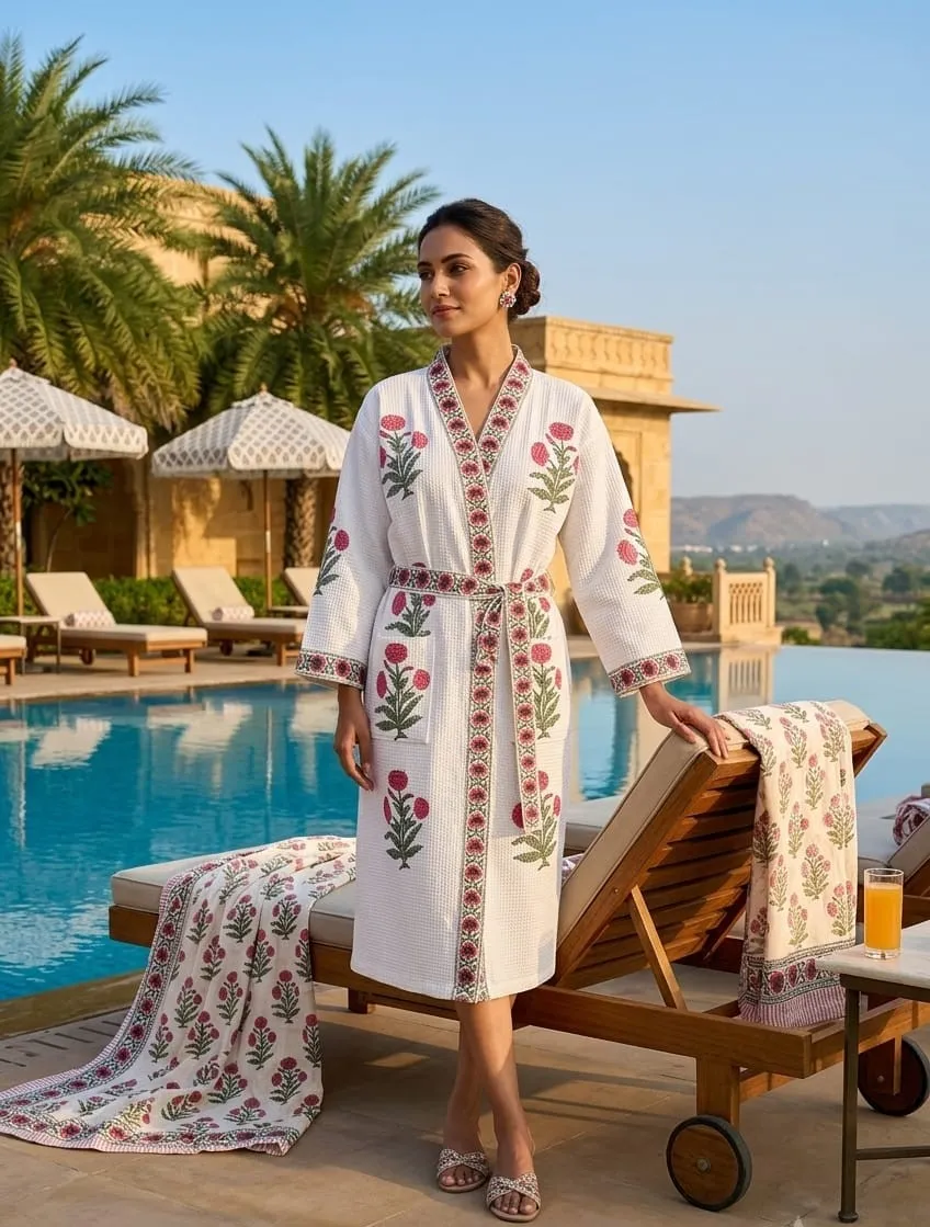 Hand block printed waffle cotton Bathrobes for adults