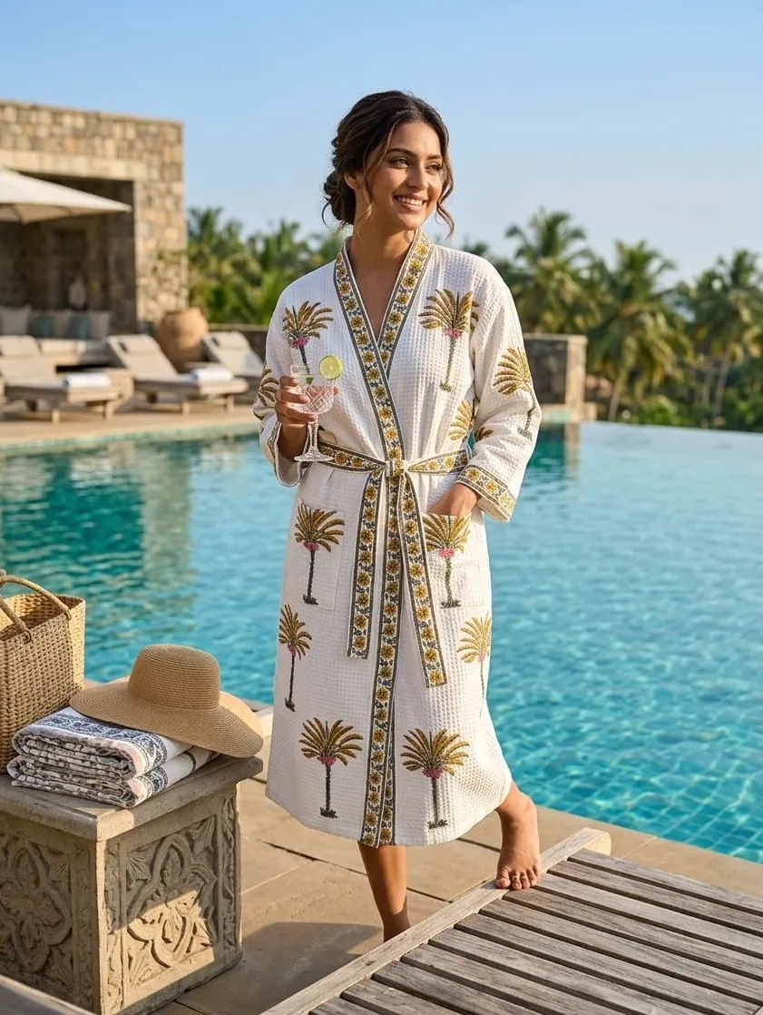 Hand block printed waffle cotton Bathrobes for adults
