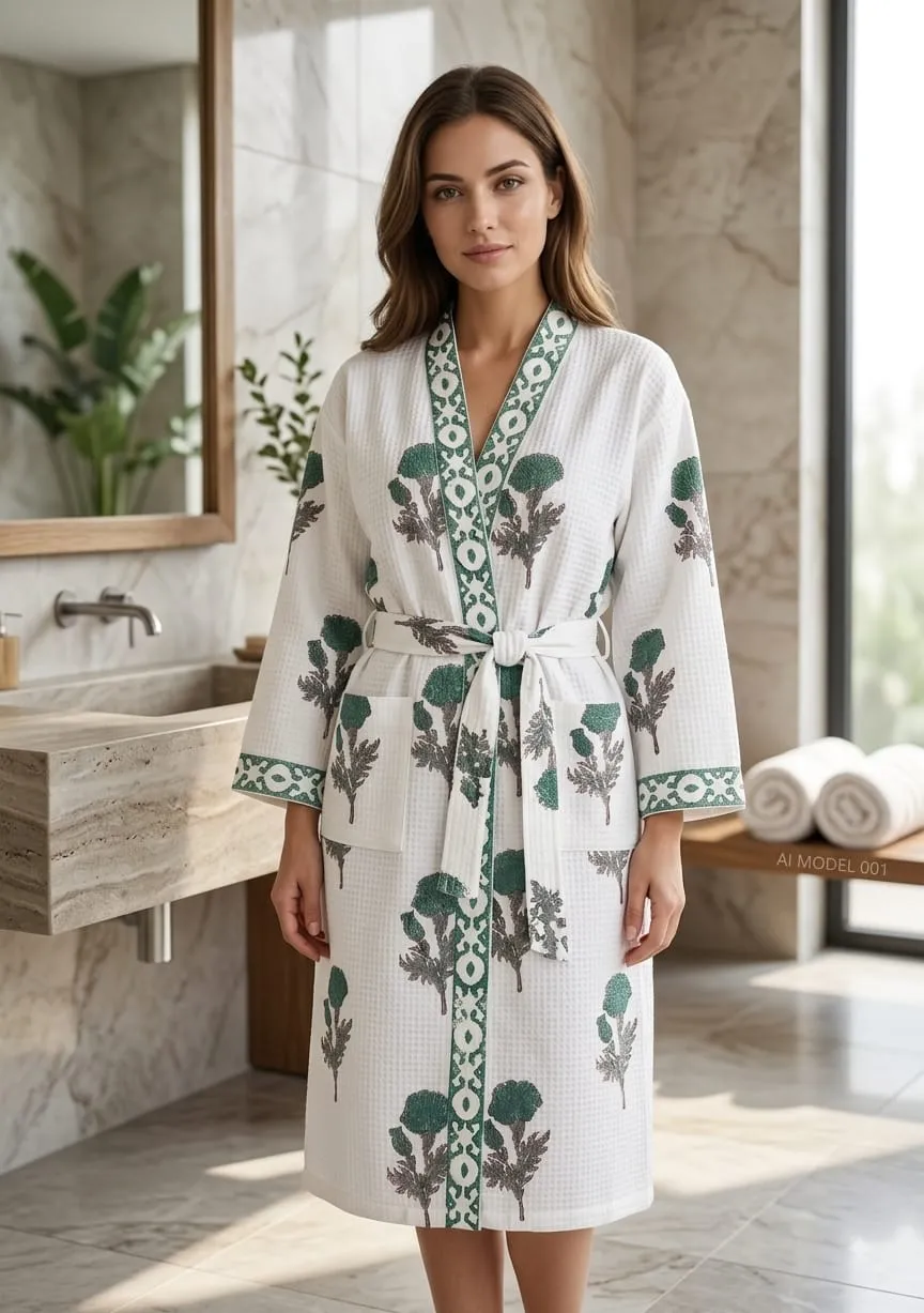 Hand block printed waffle cotton Bathrobes for adults