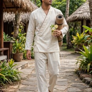 Men's Linen Beach Resort Wear Set | Kimono Wrap Top + Loose Palazzo Pants | Yoga Meditation Outfit | Summer Loungewear Co-ord