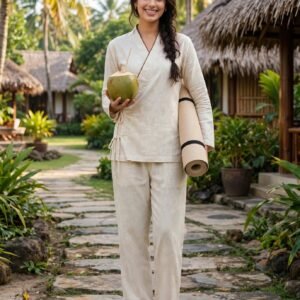 Women's Linen blend cotton Angrakha Wrap Top and Palazzo Pants Set